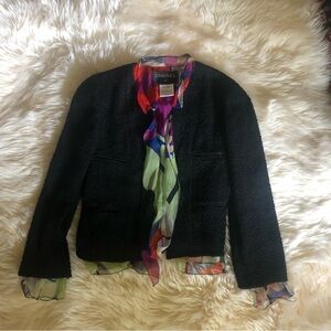 CHANEL Black tweed Floral silk lining jacket 38